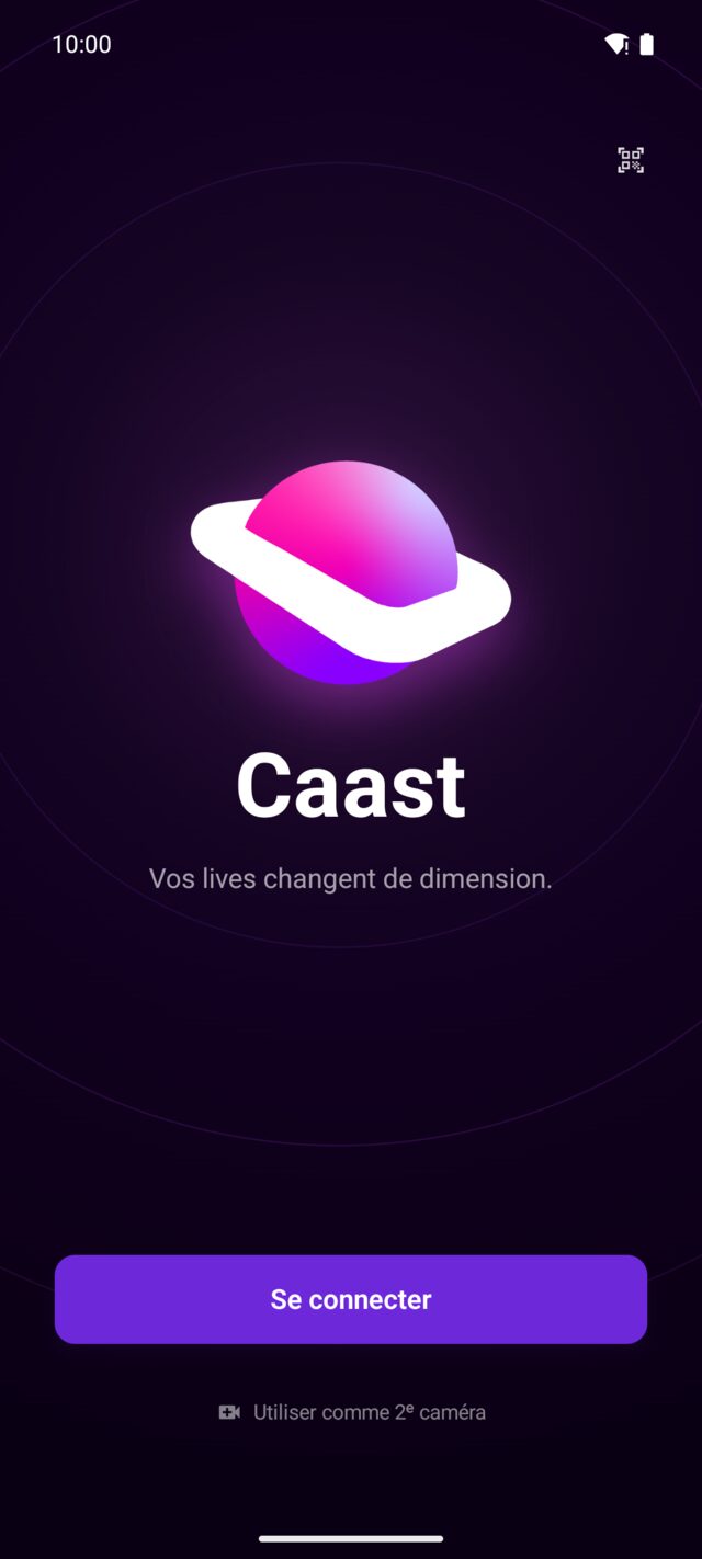 L’écran d’accueil de l’application Caast : la planète Caast, « Vos lives changent de dimension. » et le bouton Se connecter.