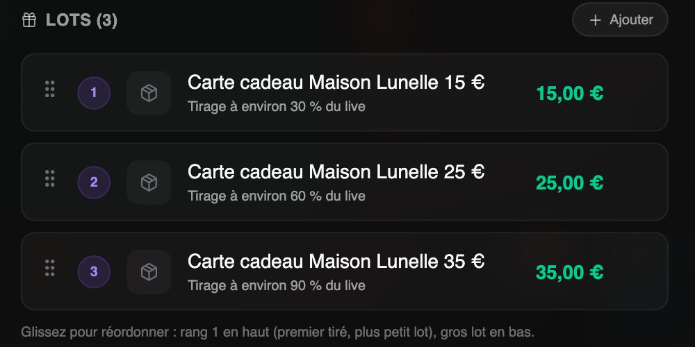 Les trois lots du jeu concours, du plus petit au plus gros, avec le moment de leur tirage.