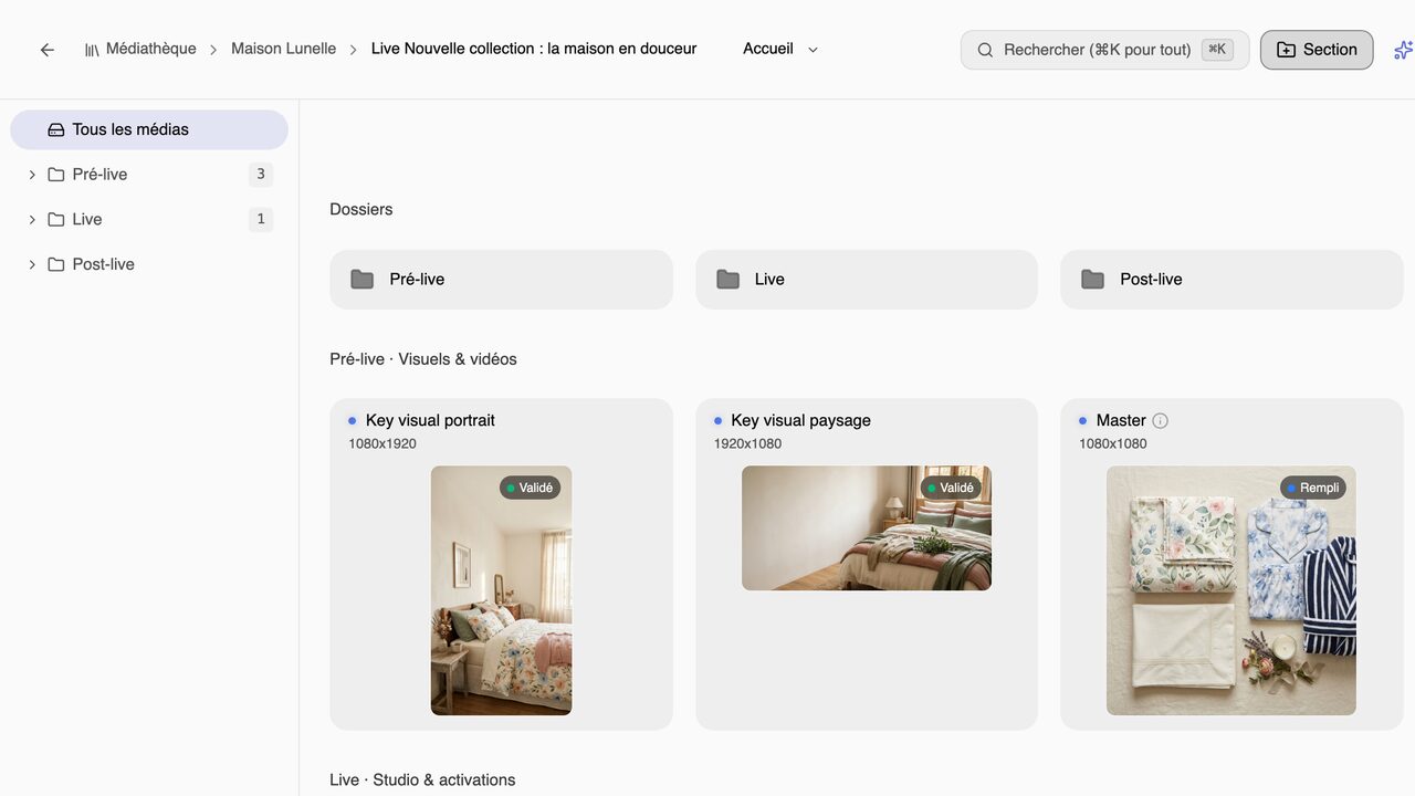 La médiathèque du live : affiche, bannière e-mail et visuels rangés par phase.