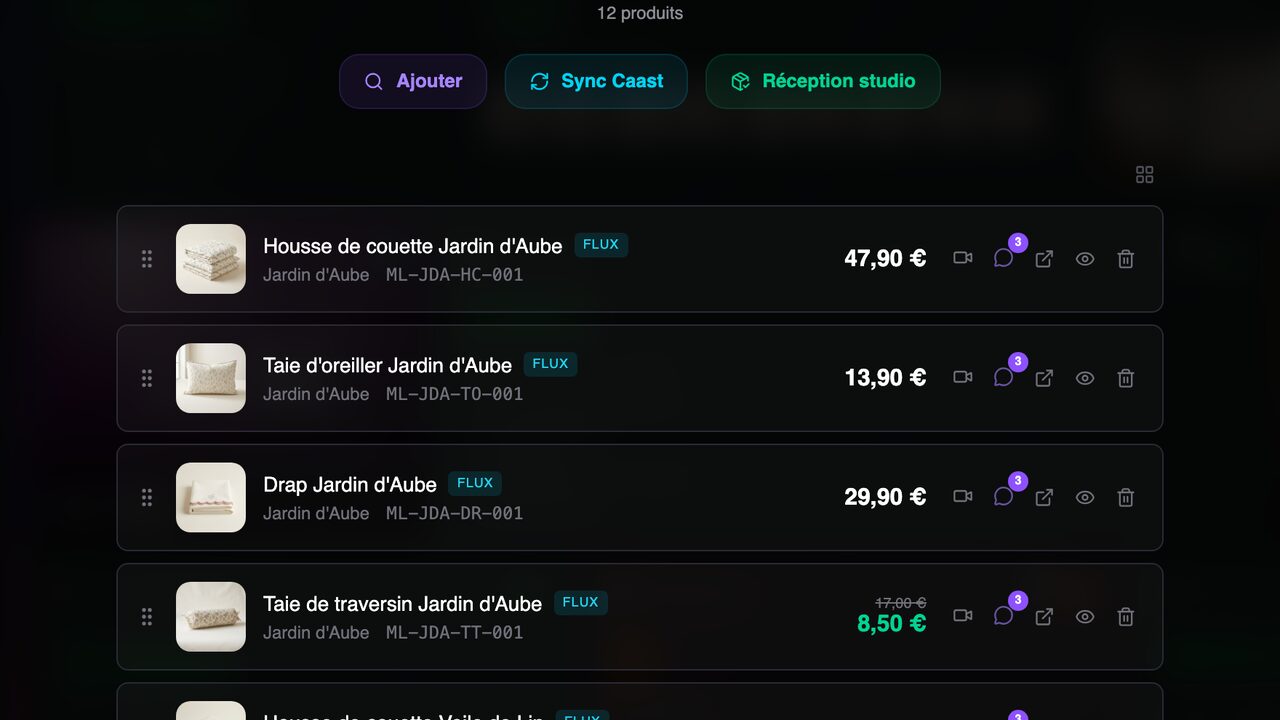 La zone Produits : les produits du live avec leur photo, leur prix et leurs points clés.