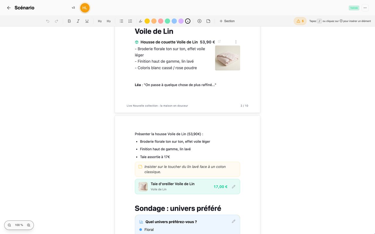 L'éditeur de scénario : des blocs minutés avec leurs répliques et les cartes des produits présentés.