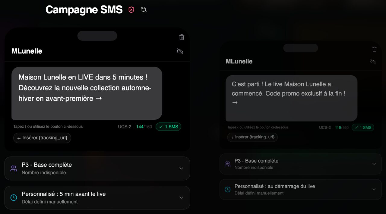 Les deux SMS de rappel du live tels qu'ils arriveront sur le téléphone, avec leur audience et leur heure d'envoi.